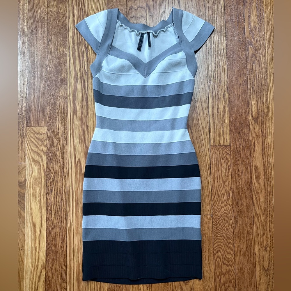 Guess bodycon ombré striped cut out back dress black white gray s Small like new
